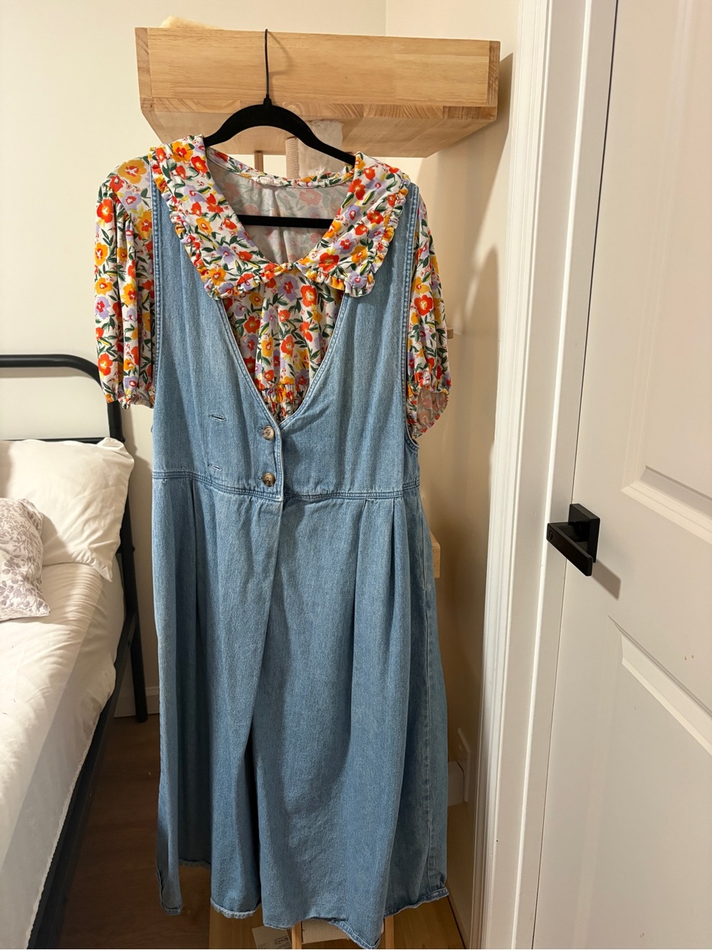 Floral Collared Blouse and Denim Dress Outfit Bundle